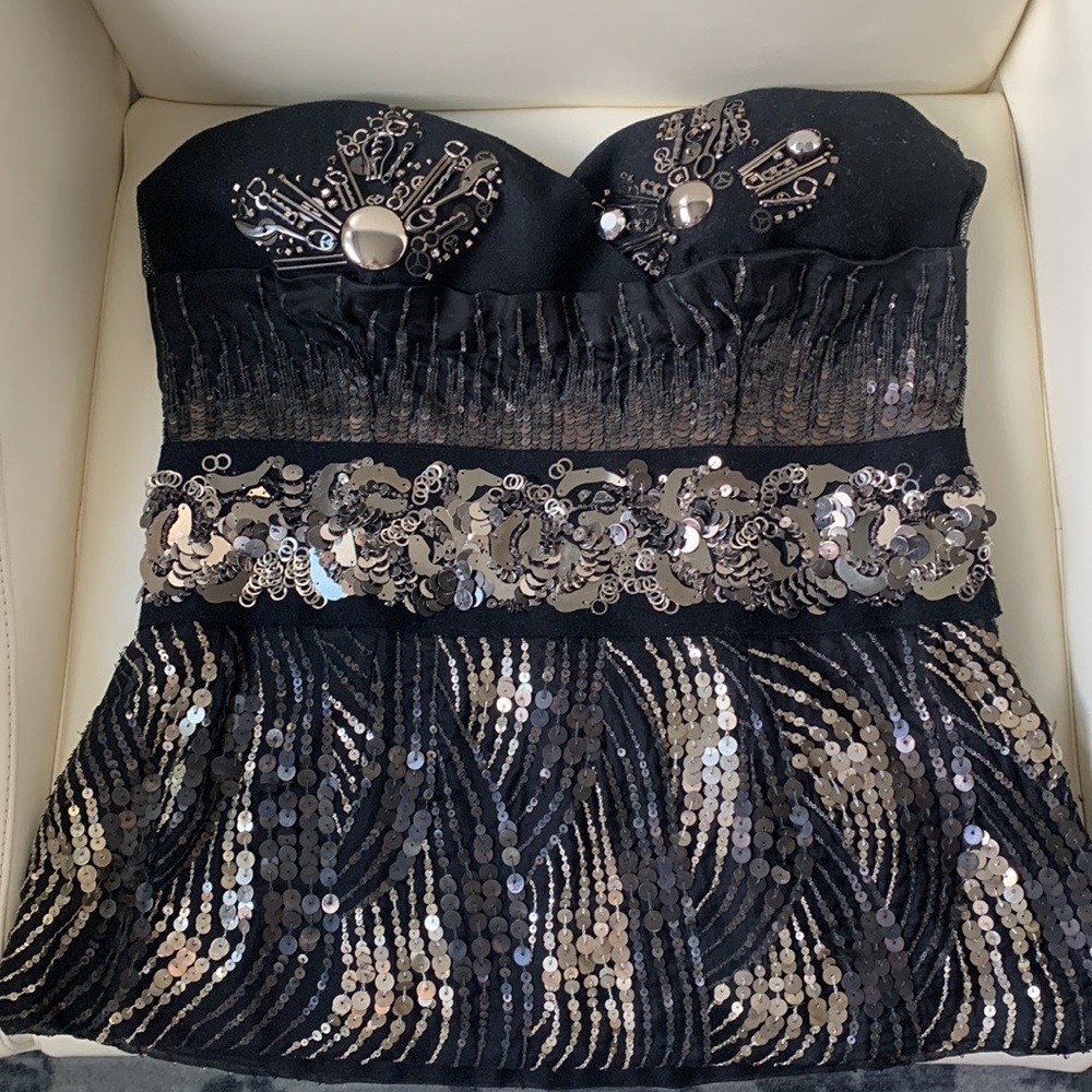 Prada Runway Black Strapless Embroidered Sequin Top
